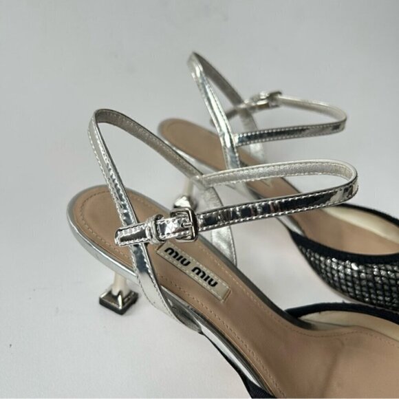 Rare Miu Miu Silver Mesh Black Glitter Kitten Heel sz 7.5 - Picture 7 of 11
